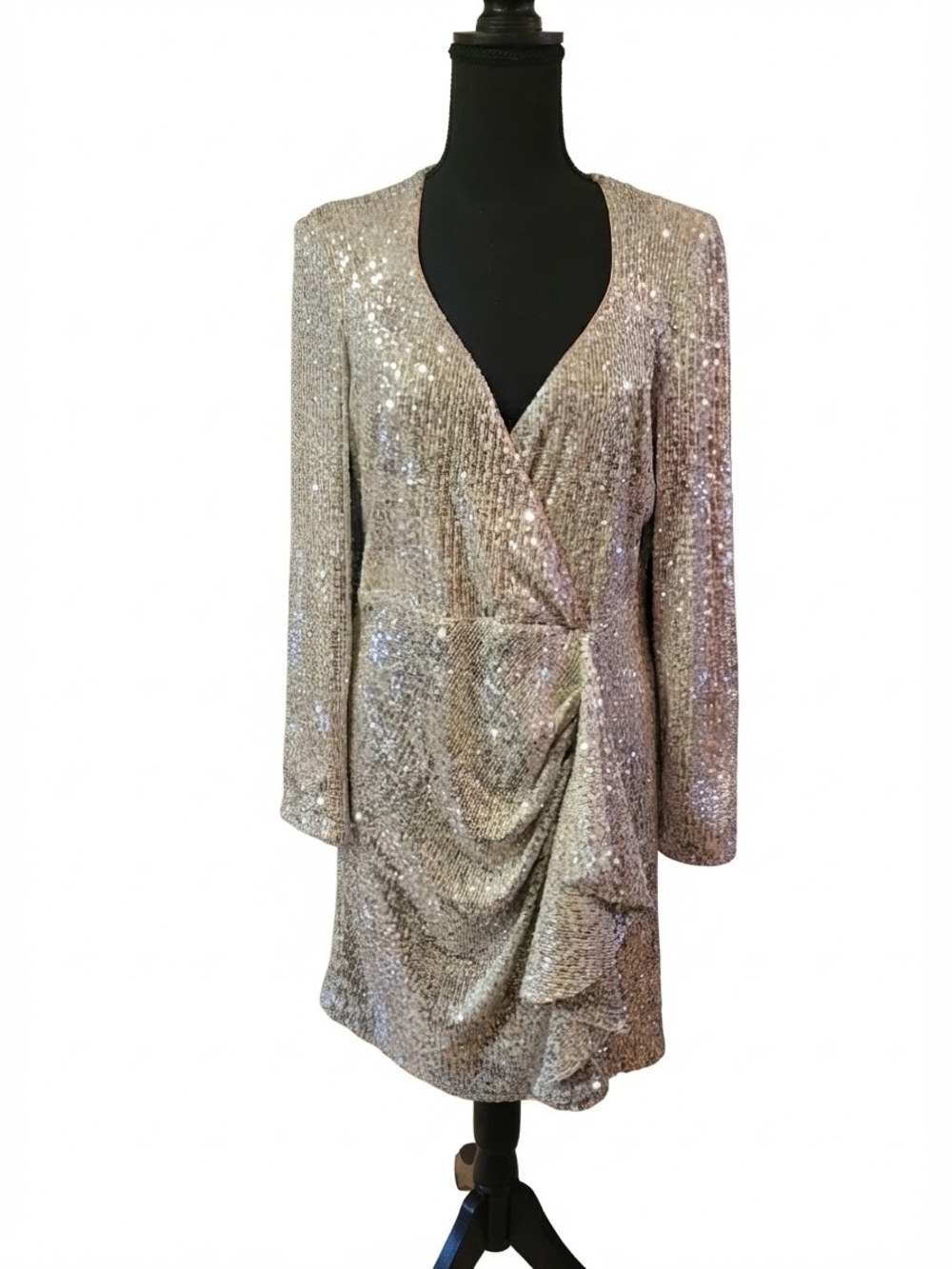 Badgley Mischka Champagne Sequin Wrap Midi Dress